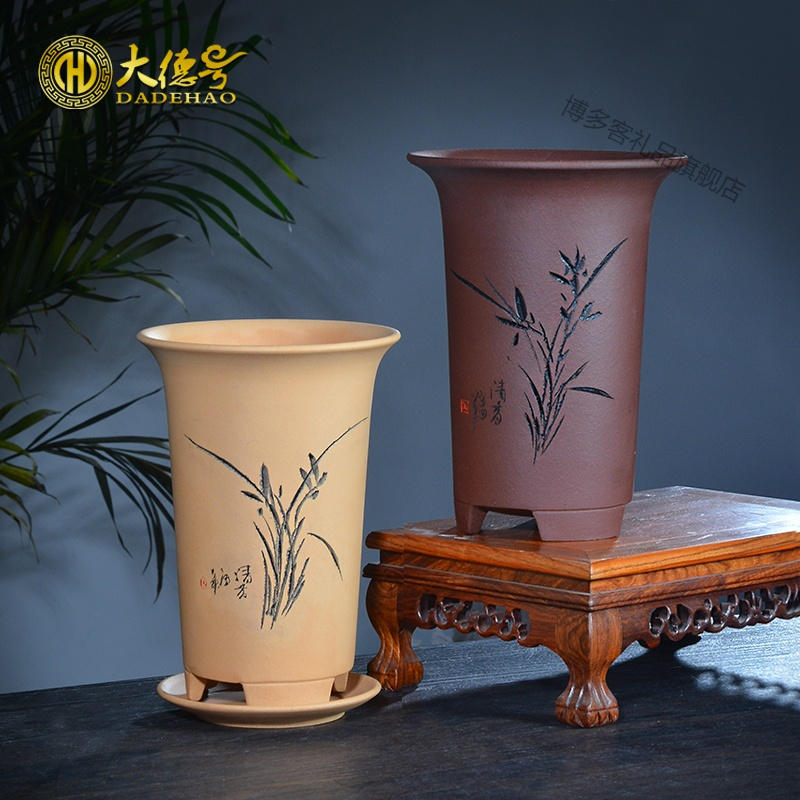 宜兴紫砂兰花盆陶瓷大小号透气吊兰家用兰草君子兰专用花盆带托盘