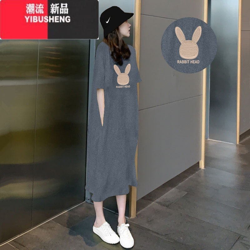 YIBUSHENG2024年新款季t恤裙子宽松大码显瘦短袖连衣裙女装开叉长裙