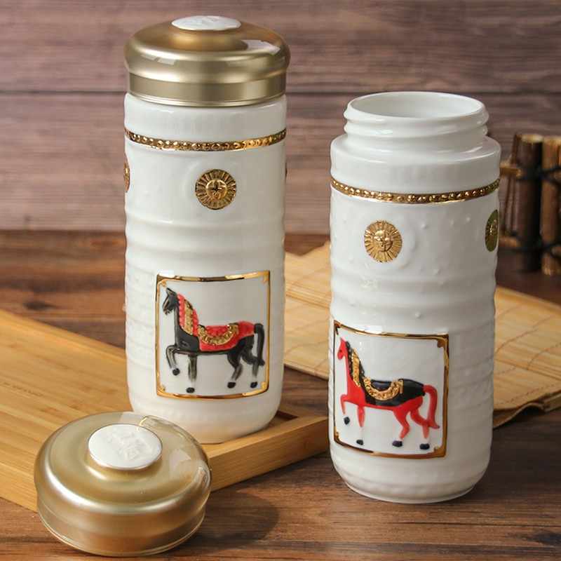 乾唐轩 正品活瓷杯 皇家骏马随身杯双层陶瓷泡茶水杯商务礼品杯白+鎏金高清大图