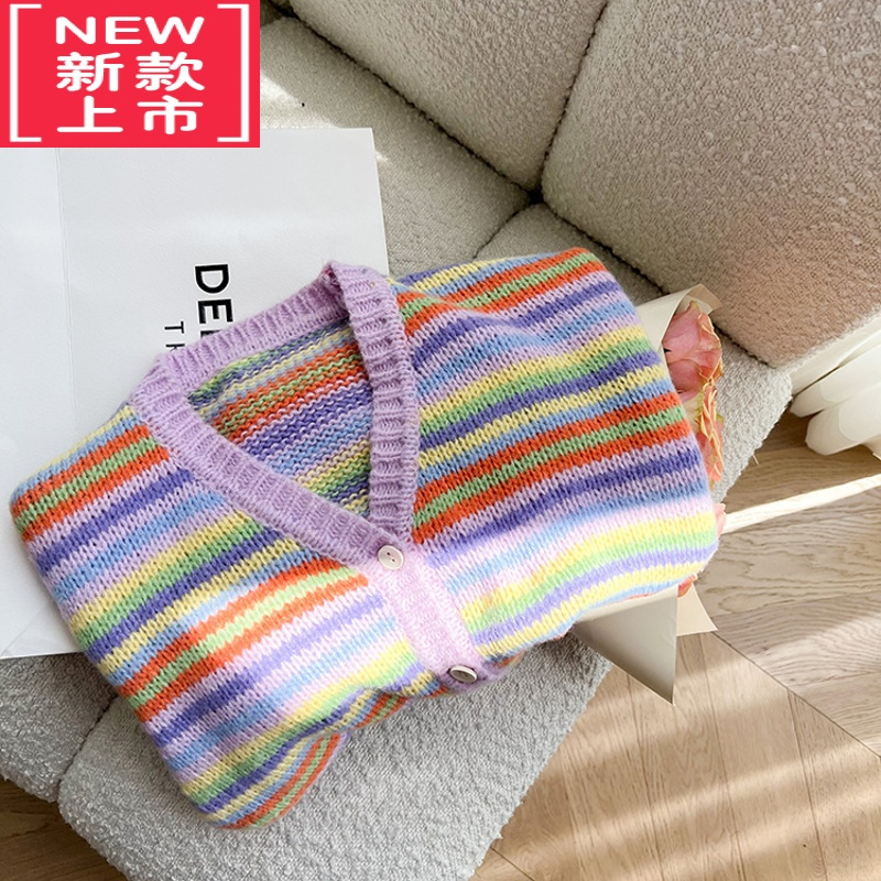 可莉允女童甜美气质彩虹针织毛衣开衫外套2022秋款小女孩洋气上衣潮童装