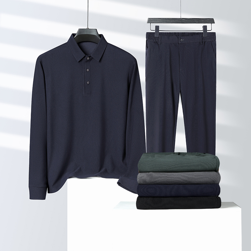 恒源祥中老年人男士宽松长袖polo衫套装中年爸爸装休闲t恤两件套 藏青套装 48推荐体重90-115斤