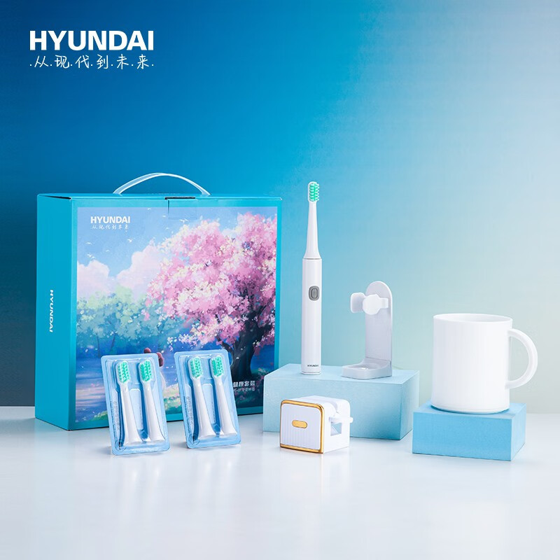HYUNDAI现代 电动牙刷健康套装 X24 (电动牙刷+马克杯+挤牙膏神器+挂架)-6件套