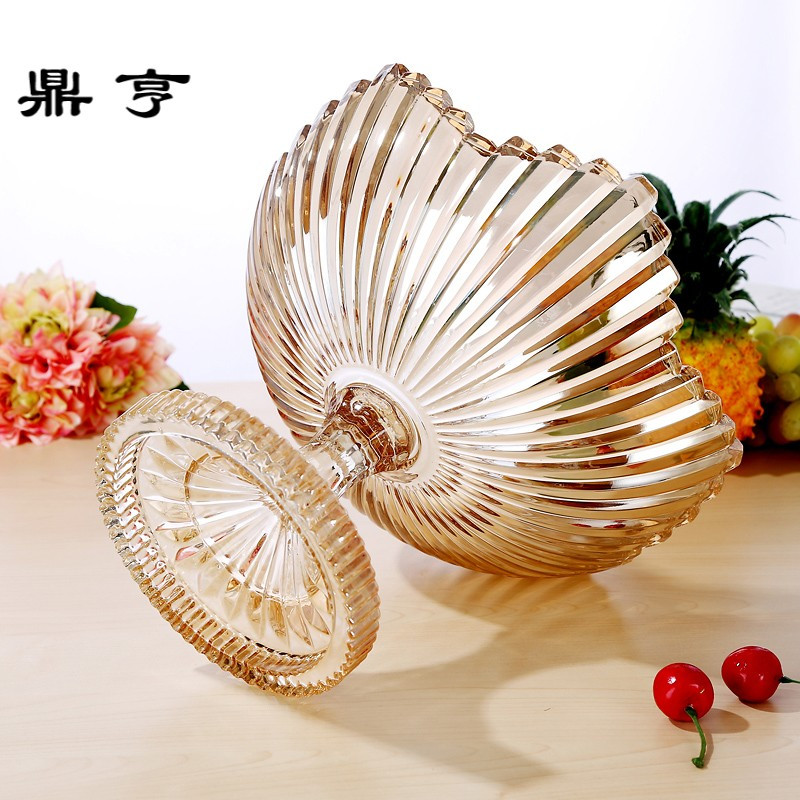 鼎亨欧式玻璃高脚水果盘现代创意客厅摆件大号家用透明茶几果盘