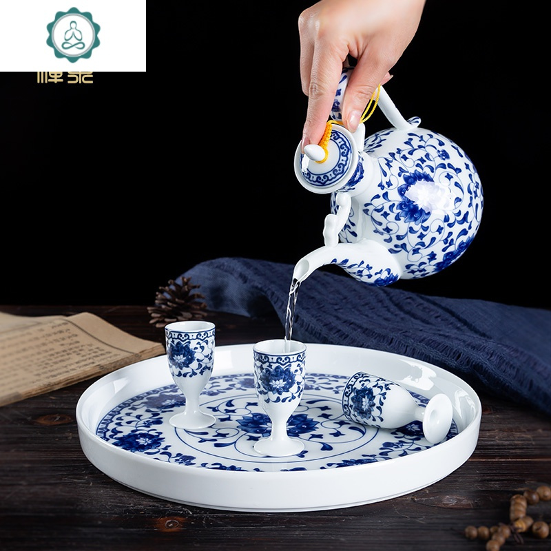 景德镇陶瓷白酒杯套装家用中式仿古老式青花瓷酒具酒壶高脚一口杯 封