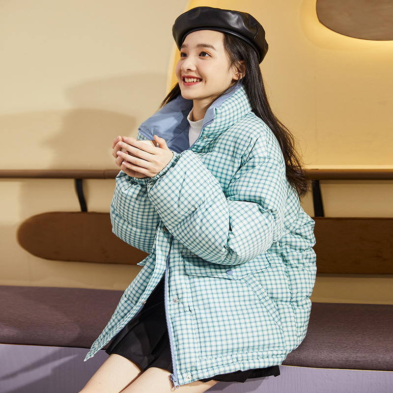 [2.5折价216元]唐狮冬季新款羽绒服女设计感小众拼接双面穿立领学生短款外套