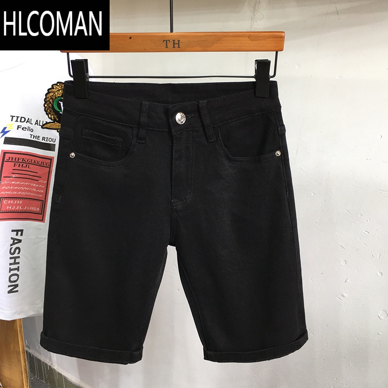 HLCOMAN夏季白色五分裤男潮流休闲百搭修身牛仔裤薄款弹力中裤白色短裤子