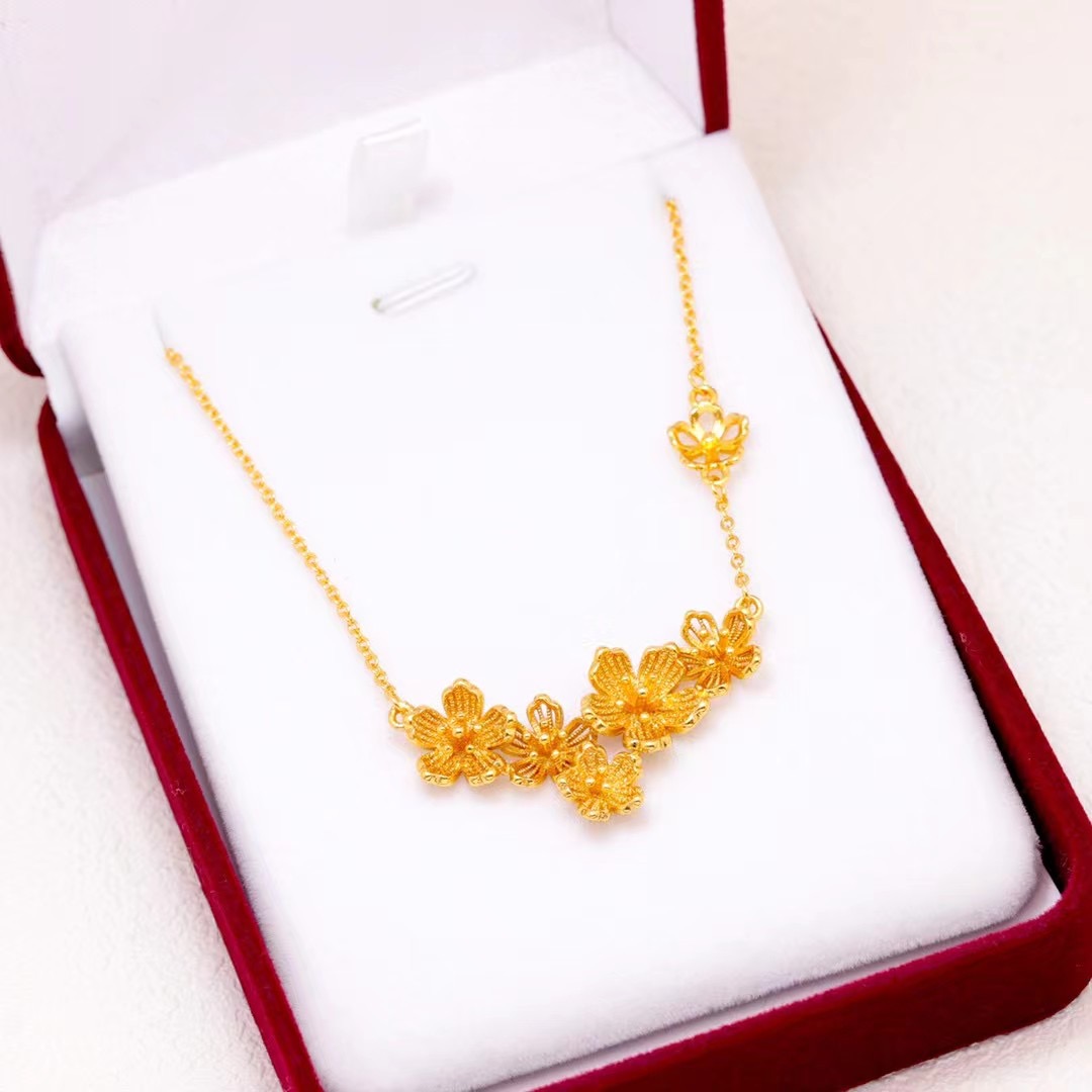 新款三生花套链项链女镀金仿黄金沙金小清新花朵细锁骨链久不掉色送女朋友老婆情人节七夕生日礼物