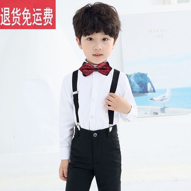帅气男童礼服夏小西装套装男孩主持人服装走秀演出服英伦儿童正装 短袖+短裤+背带+新款领结 100