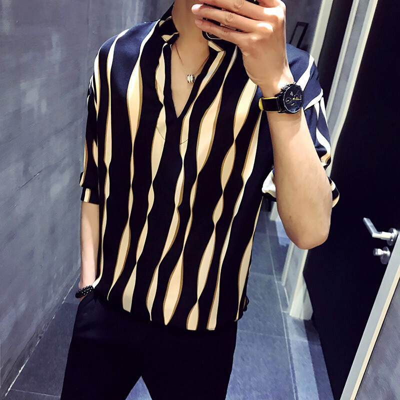 ins超火的型师个性潮流男帅气短袖t恤夜场服装衬衫衣服夜店男模