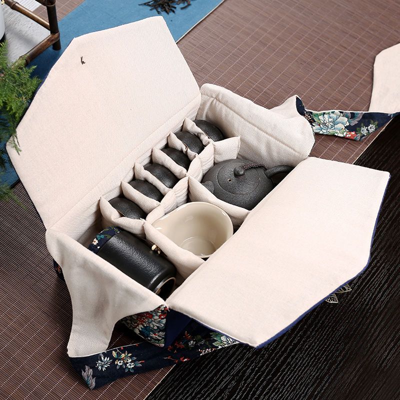 旅行茶具收纳包两壶六杯茶具棉麻收纳袋便携茶具包旅行户外手提包 素净蓝旅行包[一壶四杯]