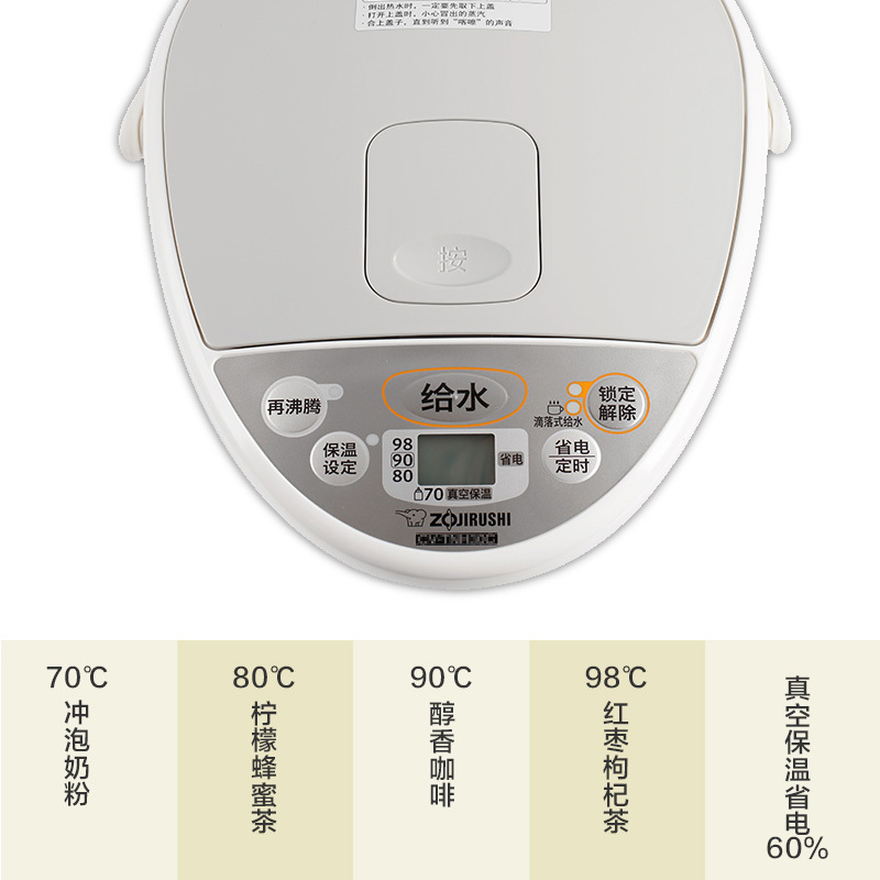 象印(ZOJIRUSHI)电热水瓶 CV-TNH40C 底盘加热按键式控制电动出水白色304不锈钢涂层内胆 4L 白色高清大图