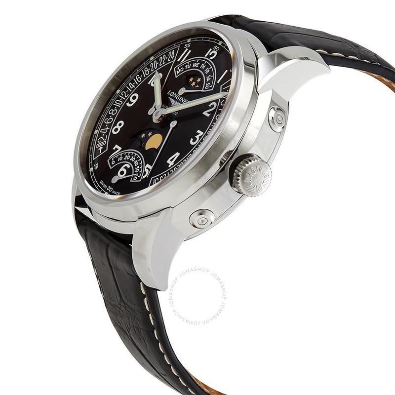 浪琴longines男士机械表月相表盘 黑色表盘皮带 男士自动机械表l2.