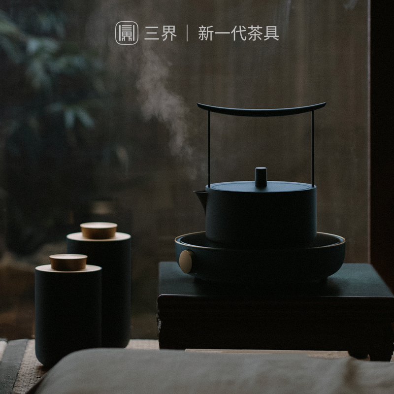 三界茶具 西壶电陶炉复古烧水壶 简约创意不锈钢煮茶壶家用泡茶烧水煮茶器迷你壶(黑色)