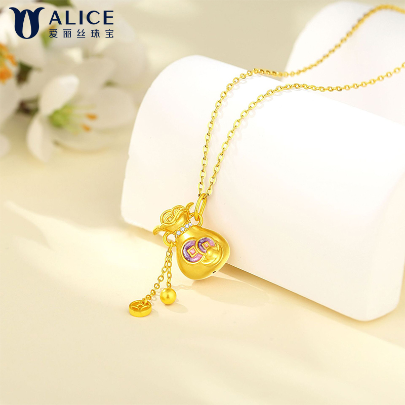 Alice爱丽丝珠宝 足金999招财纳福钱袋女式流苏项链 P0200035高清大图