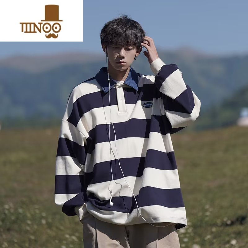 YANXU日系港风条纹翻领卫衣男女宽松拼色polo衫长袖男学院风上A 2XL 藏青色