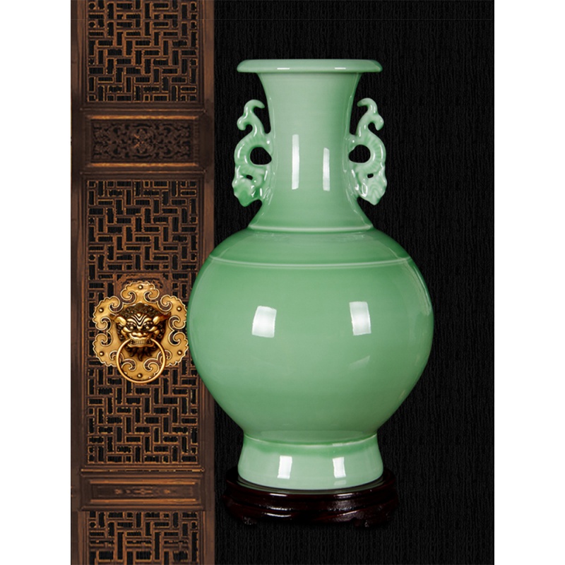 景德镇陶瓷器仿古青釉双耳花瓶插花中式复古典家居客厅装饰品摆件 三维工匠 双耳富筒底座另购高清大图