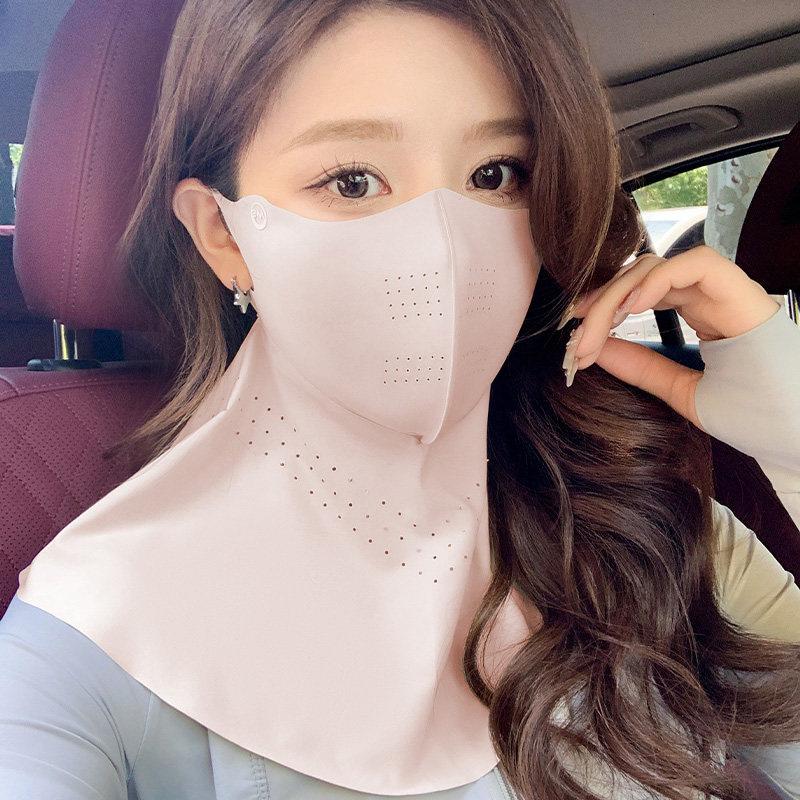 可喝水防晒面罩女夏季遮全脸冰丝口罩护颈一体脸基尼骑行防紫外线 护颈粉色【半脸冰皮面罩】