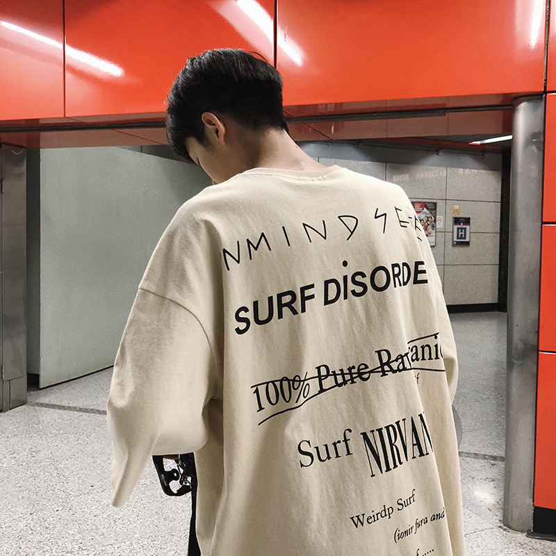 2018新款夏装宽松上衣后背字母印花毛边圆领短袖T恤学生落肩半袖