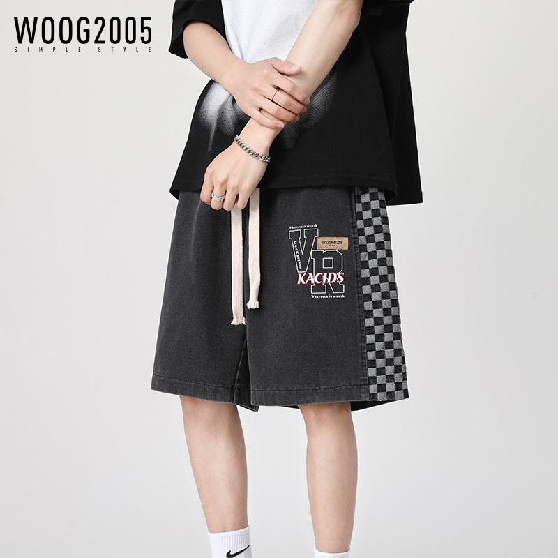 WOOG2005棋盘格牛仔短裤男夏季美式潮流宽松五分裤拼接直筒阔腿裤