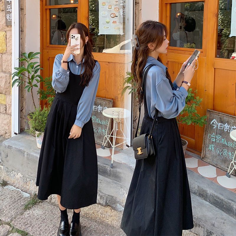 美动态大码女装2022春季新款胖mm减龄学院风背带连衣裙子两件套装