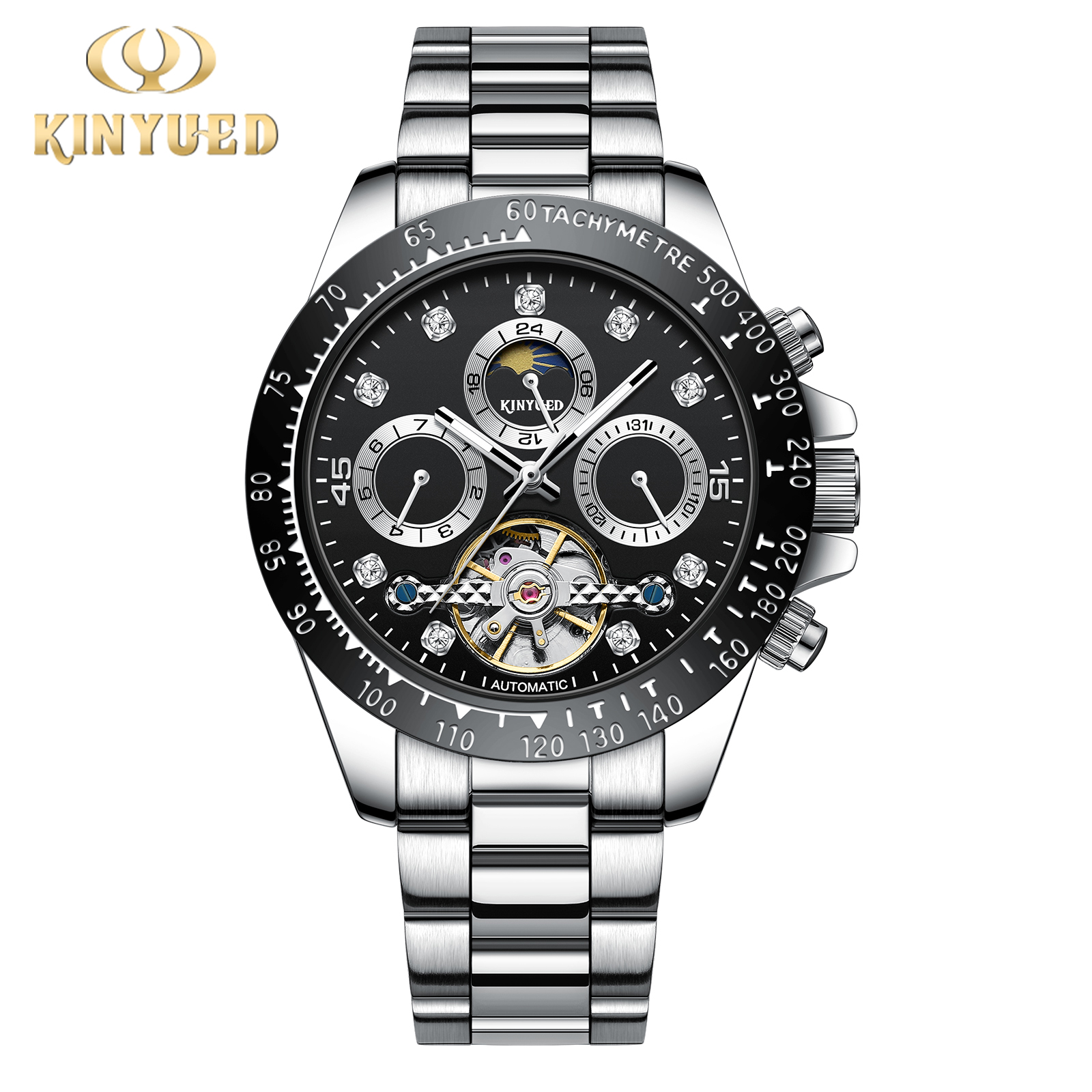 KINYUED全自动机械手表夜光机械表多功表男士手表商务男表钻石表高清大图