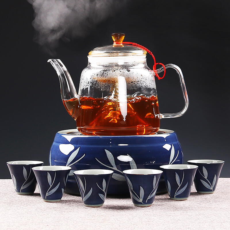 尚帝 手绘陶瓷煮茶器黑茶煮茶壶电热电陶炉煮茶炉煮茶碗分茶器茶杯套装 手绘茶杯玻璃茶壶