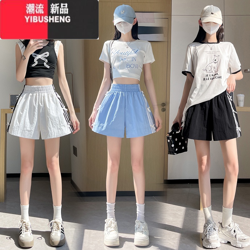 YIBUSHENG大码蝴蝶结休闲短裤女2024季薄款速干运动裤高腰热裤宽松阔腿裤高清大图