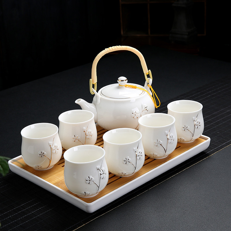 茶具套装家用陶瓷杯提梁茶壶现代简约6只装大杯子冷水壶干泡茶盘|蓝色梅花款套装+长方茶盘(收藏送滤网壶绳茶巾) 10件