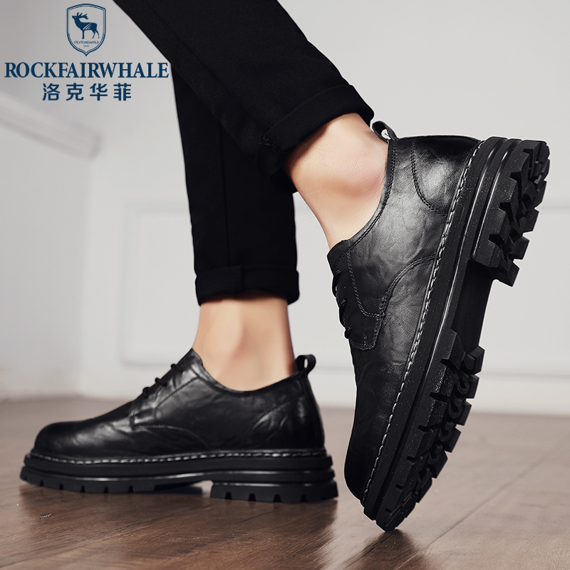 华菲工装鞋夏季男鞋英伦风马丁靴圆头黑色低帮真皮大头休闲小皮鞋子