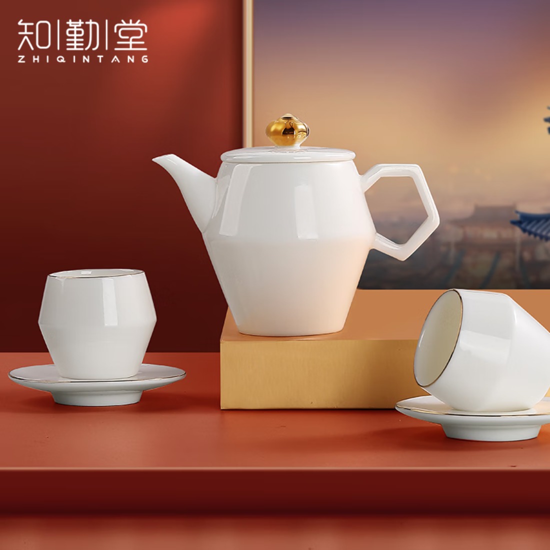 知勤堂万家灯火白瓷茶具套装轻奢高档泡茶器家用办公玉瓷功夫茶杯盖碗礼 万家灯火玉瓷茶具套装 12头 (礼盒装)高清大图