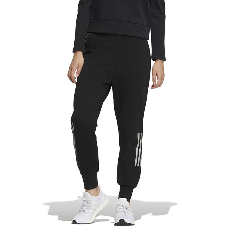 adidas 条纹图案松紧腰束脚运动裤 女款 黑色 HM7098