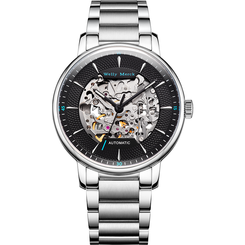 welly merck威利默克手表男新款自动机械表品牌正品防水时尚男表钢带镂空腕表WM017M 银色钢带