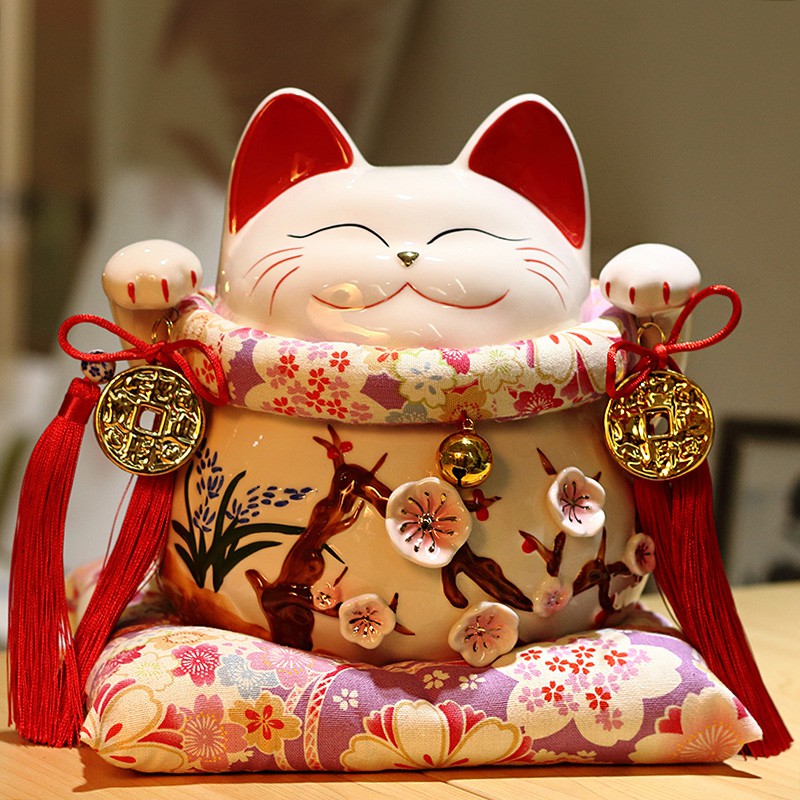 猫存钱罐大号陶瓷储蓄罐日本店铺开业创意礼品猫摆件礼品 三维工匠 10寸财福双收紫樱棉垫_497