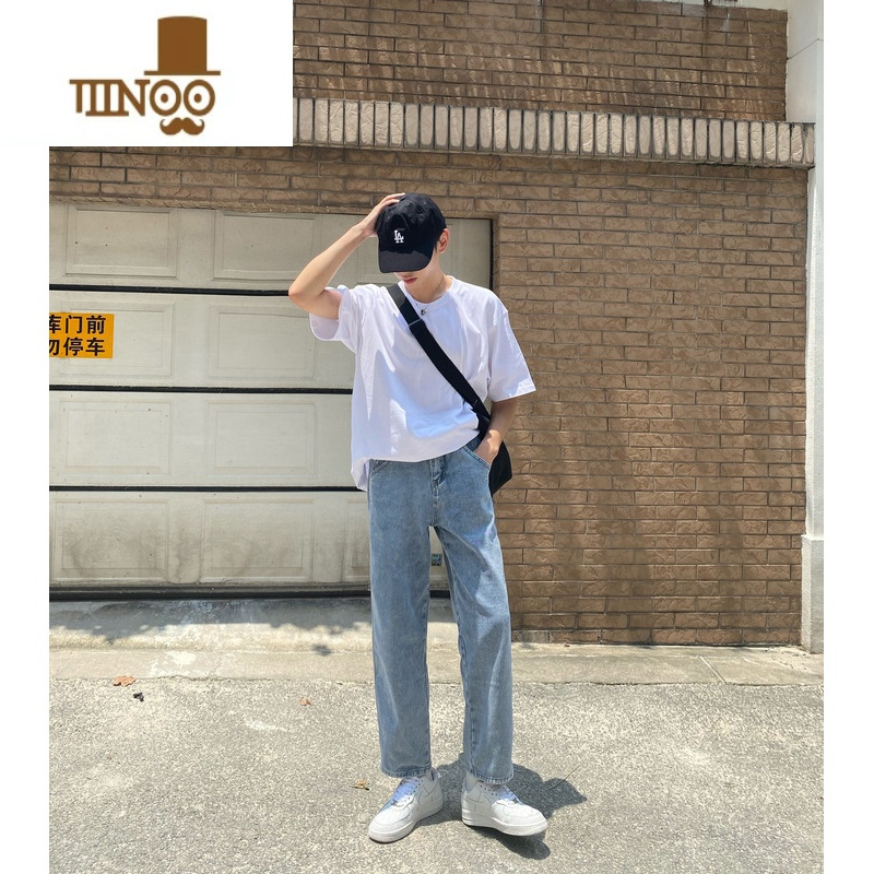 YANXUXMOB 韩版水洗9分牛仔裤男宽松直筒裤男ins潮流阔腿垂感九分裤男