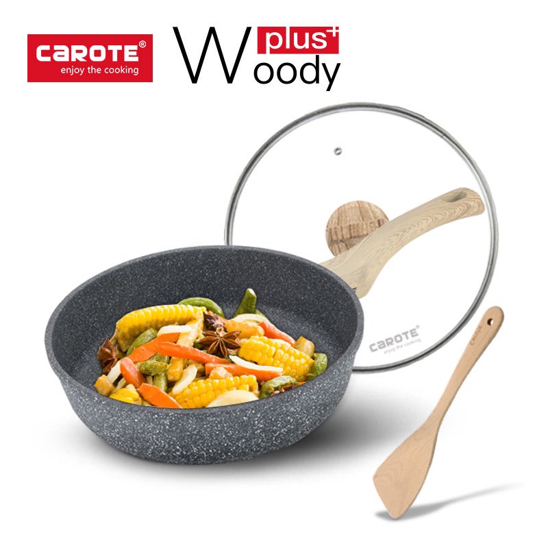 卡罗特(CaROTE) 麦饭石煎炒锅 深煎锅 平底锅 不粘少油烟锅 炒菜锅 煎炒两用锅 28CM