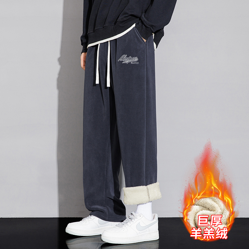 羔绒卫裤男冬季加绒加厚宽松直筒休闲裤男士大码运动保暖裤子 N556灰色 3XL
