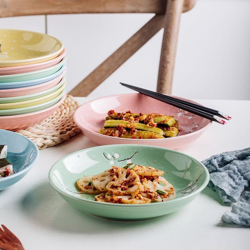 混色 同款4勺 日式陶瓷盘子8寸家用创意大盘子菜盘圆形盘深浅圆盘碟子套装4个装图片