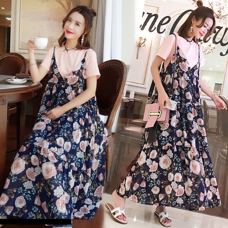 迪鲁奥(DILUAO)孕妇装夏装短袖连衣裙韩版宽松大版中长款碎花雪纺吊带连衣裙短袖T恤两件套装长裙时尚圆领长款怀孕期孕妇图片