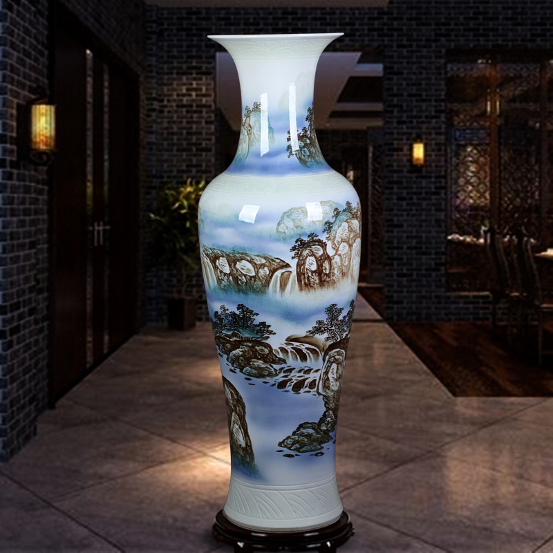 景德镇陶瓷大花瓶手绘青花山水开业乔迁新房客厅酒店落地装饰摆件 三维工匠 青花山水1米高清大图