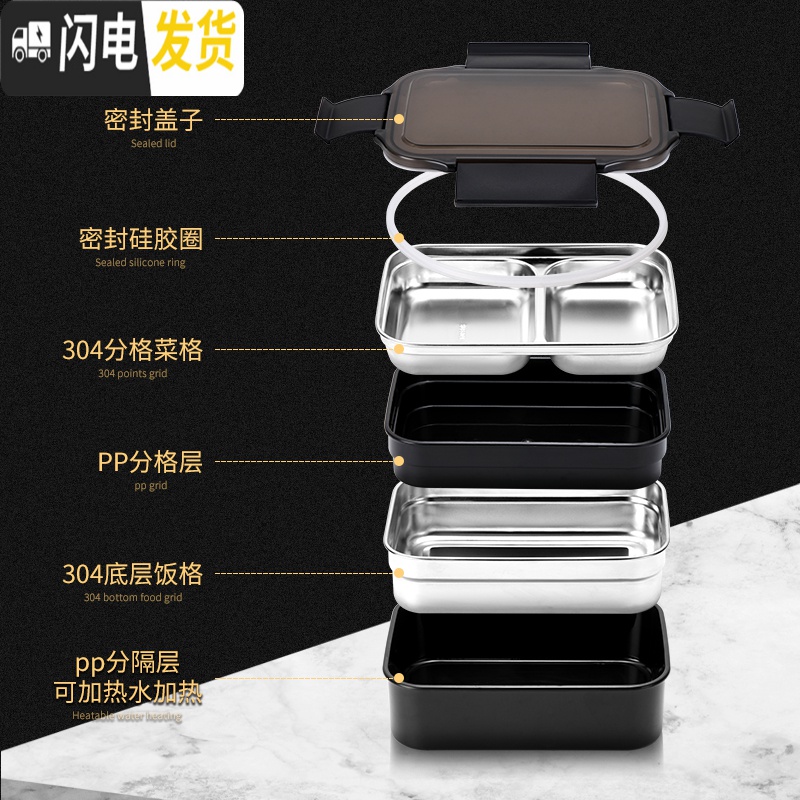 三维工匠日式双层不锈钢保温饭盒上班族长方形学生分隔型便携便当餐盒套装 清新绿双层饭盒+304勺筷+保温袋高清大图