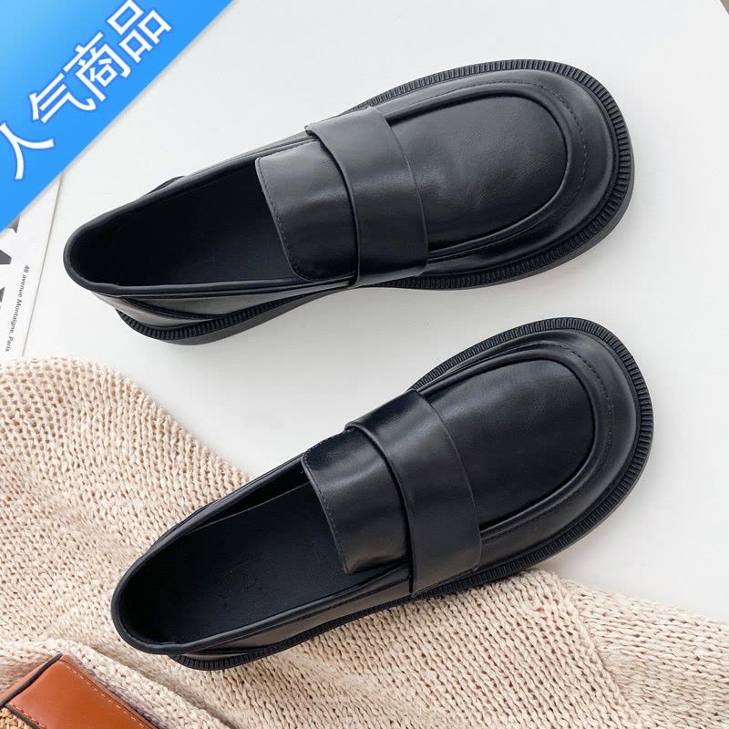 SUNTEK黑色小皮鞋女2023年新款英伦乐福鞋平底软底百搭单鞋肯德基工作鞋图片