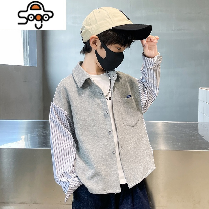 男童条纹衬衫2022秋季新款儿童春秋款中大童长袖男孩假两件衬衣潮 七色王国