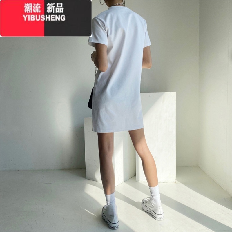 YIBUSHENG短袖t恤裙女中长款圆领套头纯色舒适宽松打底显瘦连衣裙子高清大图