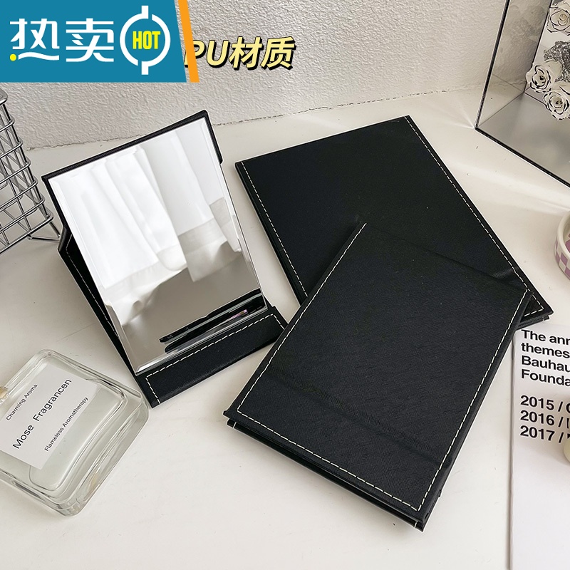 敬平镜子化妆镜折叠台式便携式高清学生宿舍公主女大小号桌面梳妆镜 中号16×12cm红色-防水便携式用镜高清大图