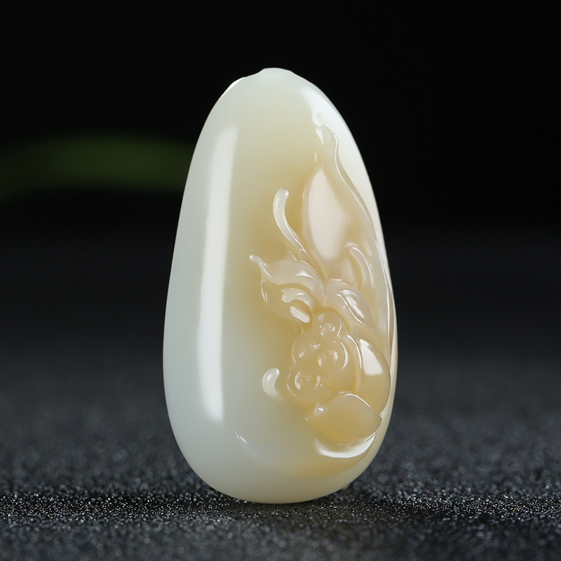 [莲香荷韵]新疆和田玉吊坠玉坠且末糖白玉荷花挂件玉佩天然玉石