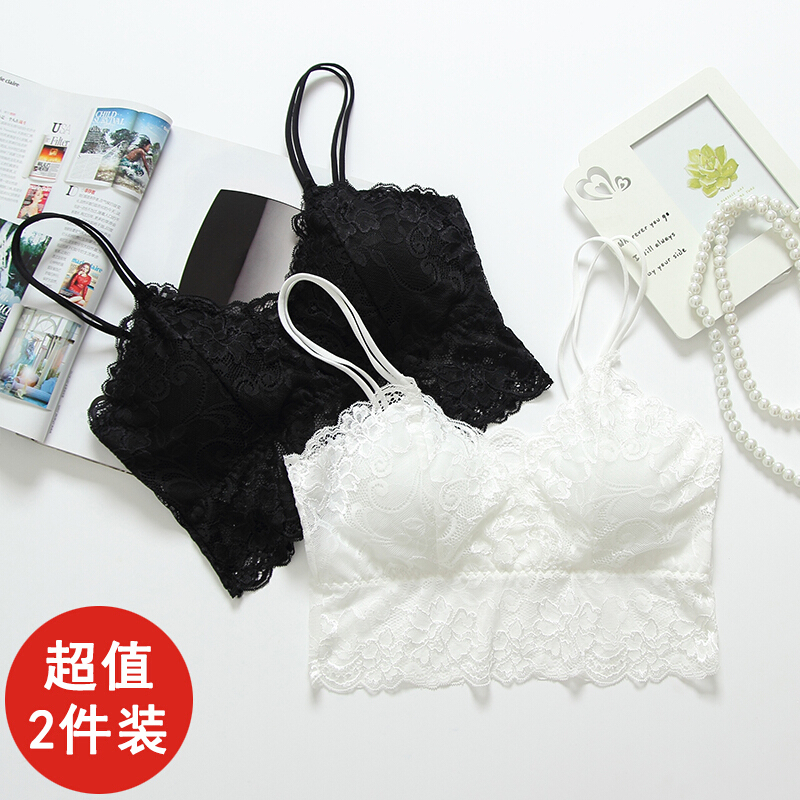2件蕾丝打底短款带背心裹胸带胸垫抹胸内衣181#黑+黑均[80-13斤]