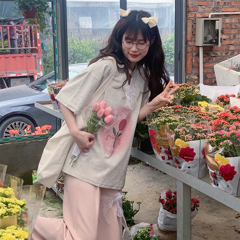 秋壳少女腮红短袖t恤女夏新款甜美可爱印花蕾丝蝴蝶结学生上衣ins