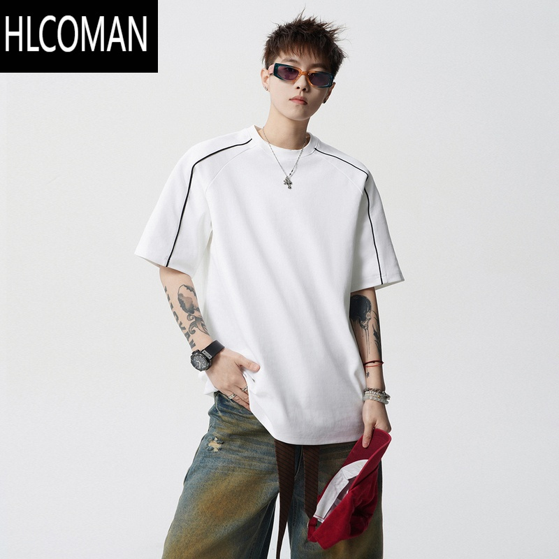 HLCOMAN条纹拼接白色T恤男夏季美式复古宽松插肩袖体恤潮牌百搭短袖上衣