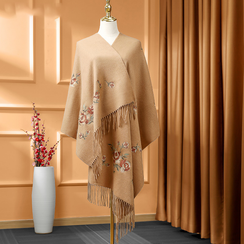 恒源祥羊毛围巾无羊绒披肩妈妈中老年妇女斗篷婆婆秋冬季驼色披风 WLSPT21Q009驼色