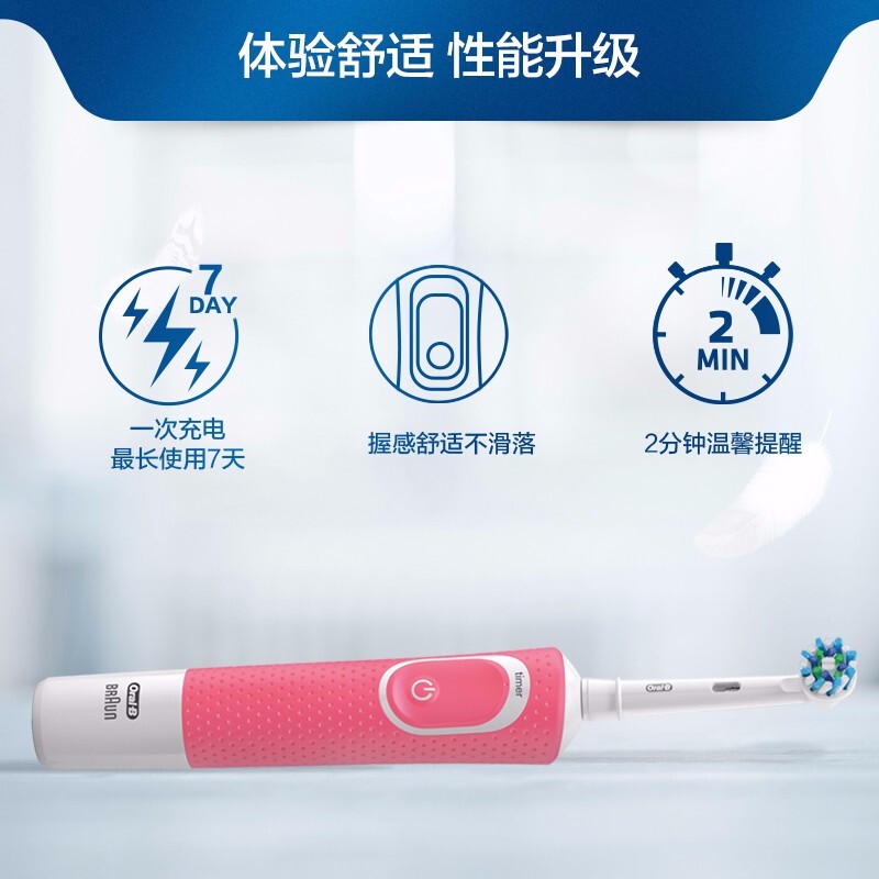 欧乐B(Oral-B)电动牙刷D100粉色成人声波电动牙刷欧乐b电动牙刷充电式旋转式防水家用牙刷高清大图